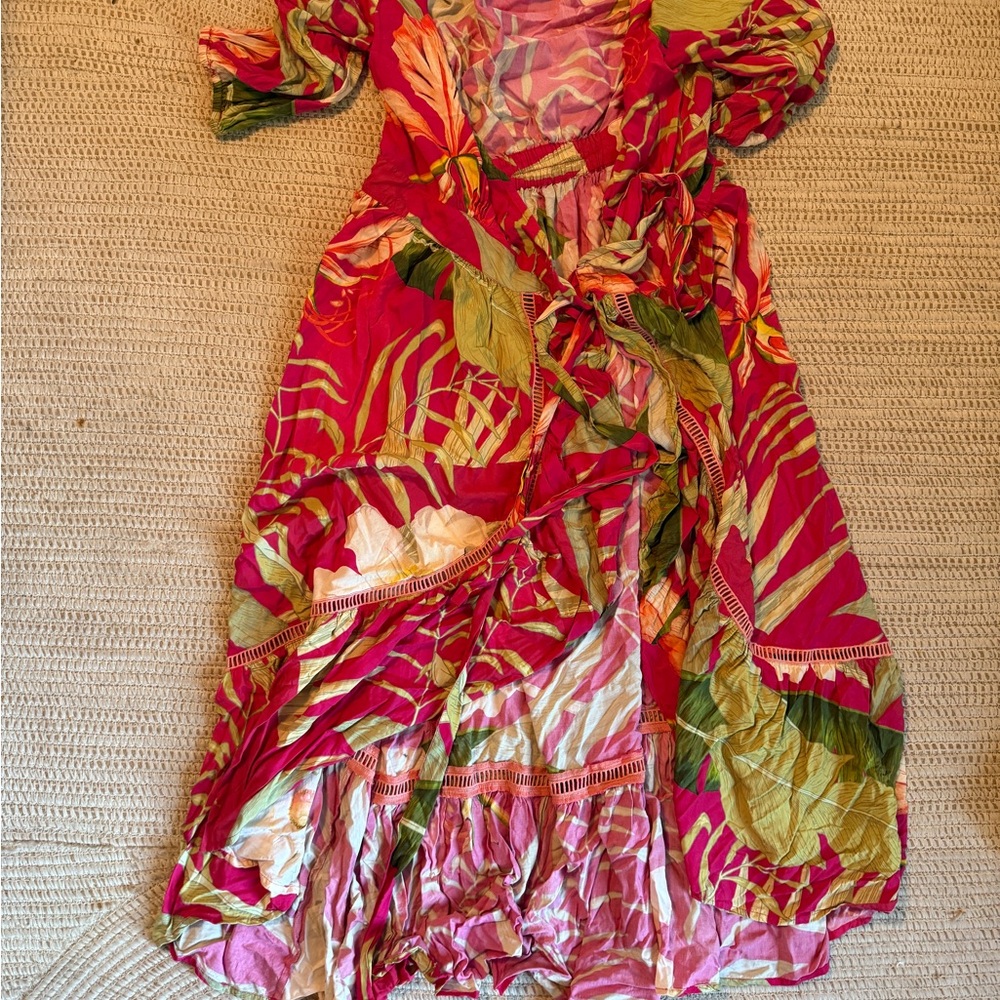 Powder Vibrant Pink and Green Floral maxi wrap Dress